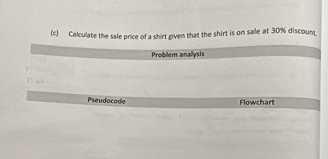 Calculate the sale price of a shirt given that the shirt is on sale at 30% discount. 
Problem analysis 
Pseudocode Flowchart