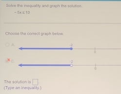 Solve the inequality and graph the solution.
-5x≤ 10
Choose the correct graph below.
-2
0
The solution is □ . 
(Type an inequality.)