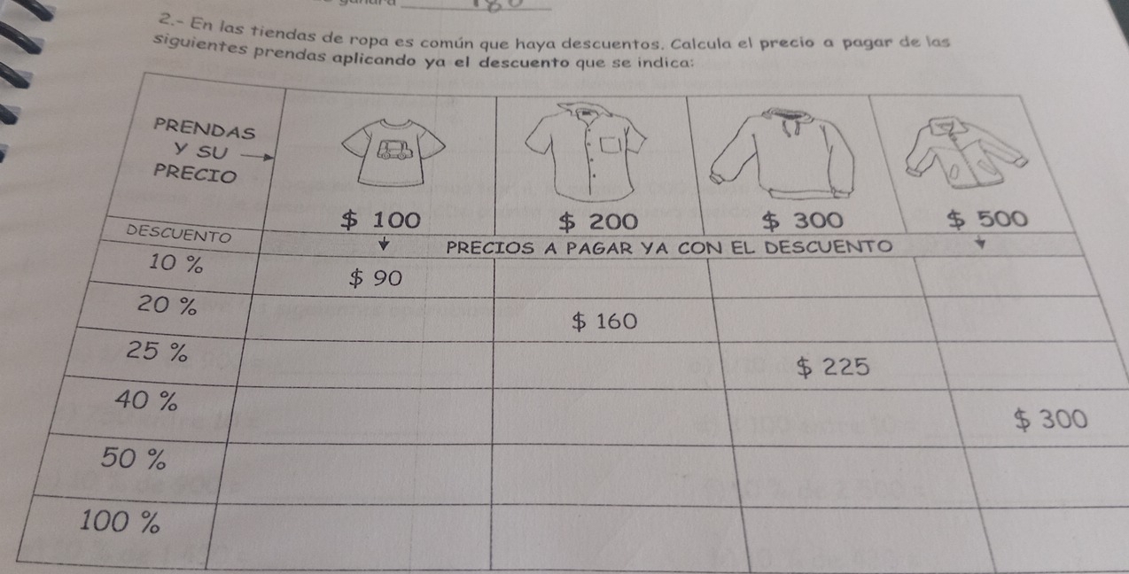 2.- En las tiendas de ropa es común que haya descuentos, Calcula el precio a pagar de las 
siguientes prendas aplicando ya el descuento que se indica: