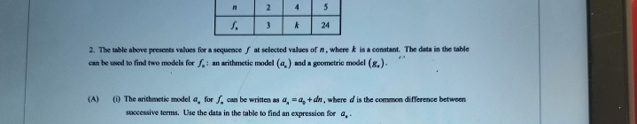 The table above presents values for a sequence ∫ at selected values of π, where k is a constant. The data in the table 
can be used to find two models for f_n : an arithmetic model (a_n) and a geometric model (g,endpmatrix .). 
(A) (i) The arithmetic model a_n for f. , can be written as a_n=a_n+dn , where a is the common difference between 
successive terms. Use the data in the table to find an expression for a_..