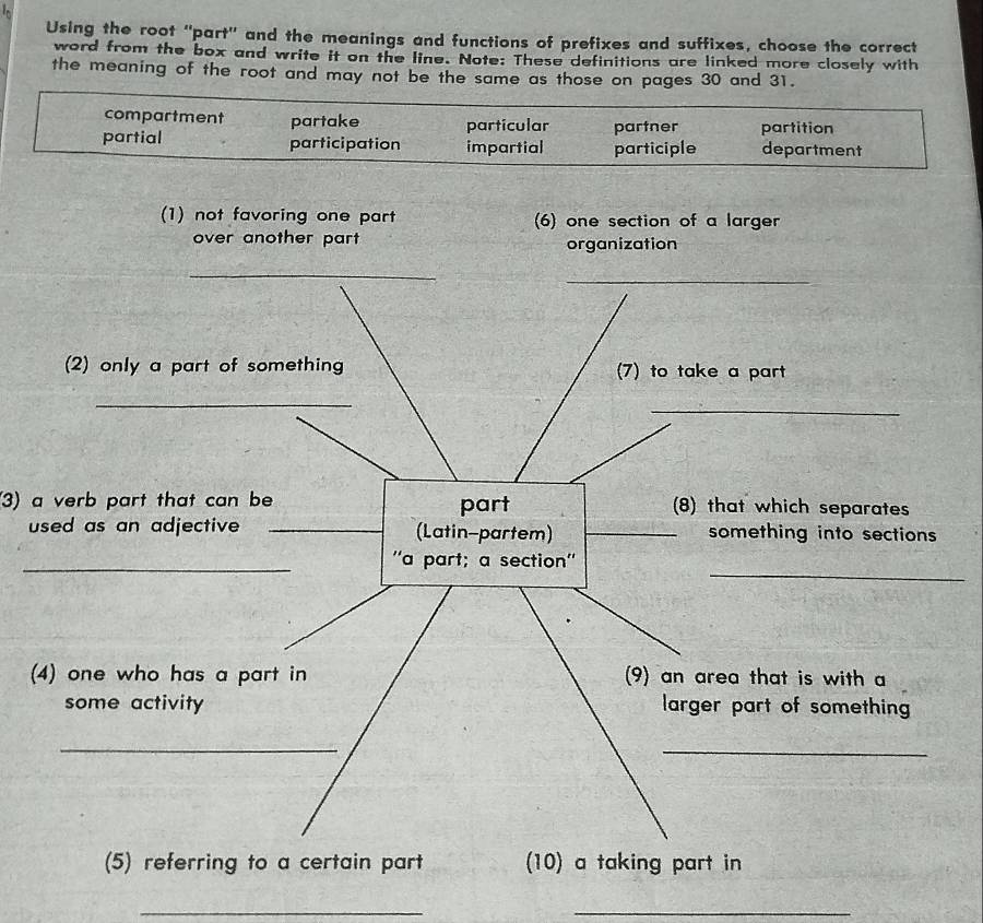 Solved: Using the root ''part'' and the meanings and functions of ...