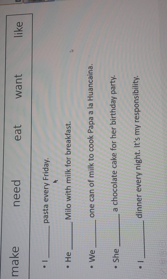 make need want like 
eat 
_pasta every Friday. 
_ 
He Milo with milk for breakfast. 
We _one can of milk to cook Papa a la Huancaina. 
She _a chocolate cake for her birthday party. 
1 _dinner every night. It's my responsibility.