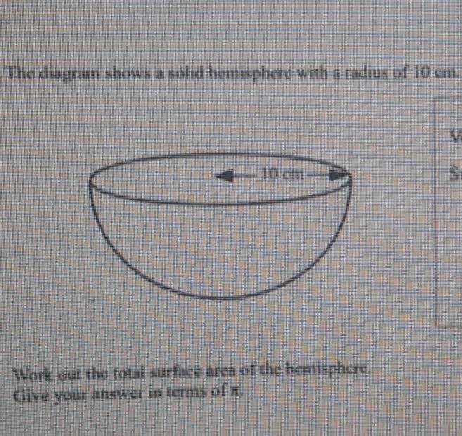 Solved: The diagram shows a solid hemisphere with a radius of 10 cm. V ...