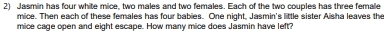 Jasmin has four white mice, two males and two females. Each of the two couples has three female 
mice. Then each of these females has four babies. One night, Jasmin's little sister Aisha leaves the 
mice cage open and eight escape. How many mice does Jasmin have left?