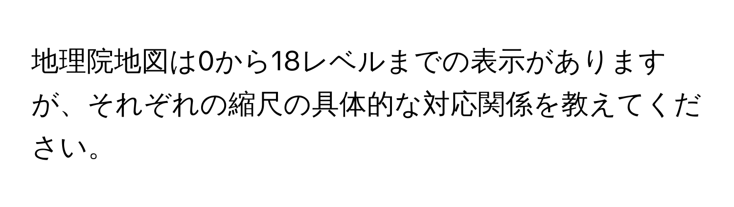 地理院地図は0から18レベルまでの表示がありますが、それぞれの縮尺の具体的な対応関係を教えてください。