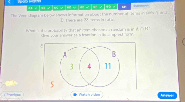 Sparx Maths 
6A 68 6C 6D 6E 6F 6G 6H Summary 
The Venn diagram below shows information about the number of items in sets A and
B. There are 23 items in total. 
What is the probability that an item chosen at random is in A∩ B ? 
Give your answer as a fraction in its simplest form. 
E 
A 
B
3 4 11
5
Previous | Watch video Answer