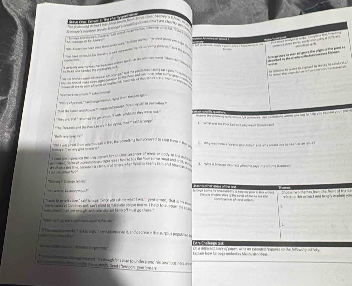 Stave One, Extract 3: The charlly gentiemen
the following extract has been taken from Stave One: Marley's Ghast. in the
Scrooge's nephew leaves Scrooge's counting house and two charity gentlen 
Sorooge and Marry's, I beleve," said one of the gemvemen, referring to his list. "Have I the p
Me. Scraank ifAB Alsriov?
e t tekhe   
sntencs three tones, each time using a difforent
    
Pack tiree snaytical serks. Complete Hil follywing
anarctionl sepel
s full semerces, hiwlly espond what a homeerang in tick
"Ab. Aaray hat been dead those soven years." inhvned reamed. "He cied invelt years lgo thve
"We have no doube ho liberecty is well represented by his inirviving partner," said the gey Writer's We
Scroogs may be seen to ignore the plight of the poor as
CHitaurtiels
discritied by the chary collectors bocause Dickens
is certamly was, for they had been two knured seaits. At the ominous word "liberality," S k
to critizse/to wam/ to expose/ to teach/ to celebrate/
his head, and handed the chidentials back.
to reveal the importance of/ to question/ to astablish 
"As this fessive season of the year, Mr. Scronge," said the gentleman, taking up a pen, "It is morn, wishei
that we should make some wight provision for the Poor and destitute, who suffer greally if fiep
thousands are in want of commea necestanes; hundreds of thousands are in want of common
"Are there no prisons?" asked scrooge
"Plenty of prisons," said the gentleman, laying down the pen again.
"And the Union workhouses?" demanded Scrooge. "Are they still in operation?"
"They are. Stid," returned the gentleman, "I wish I could say they were not,"
stract spécific quastion 
Answer the following questions in full seatences. Use quatations where you can to help you explain your point
"The Treadmil and the Poor Law are in full vigour, then?" said Scrooge.
1. What was the Poor Law and why was it introduced?
"Both very busy, sir."
"Oh ! I was afraid, from what you said at first, that something had occurred to stop them in their sa 2. Why was there a 'surplus population and why would this be seen as an issue?
Scrooge. "I'm very glad to hear il."
Under the impression that they scarcely furnish Christian cheer of mind or body to the multituo
geureman, "a few of us are endeavouring to raise a fund to buy the Poor some meat and drink, ands 3. Why is Scrooge incorrest when he says ‘It’s not my business.’
we choose this time, because it is a time, of all others, when Want is keenly felt, and Abundance r
I out you down for?"
''Netting!'' Scrooge replied 
Links to other areas of the text
"You wan to be anonymous?" Scrooge shuns his responsibility to help the poar in this extract. Thomes
Chaose two themes from the front of the bo
Discuss another area of the novel where we see the relate to this extract and briefly explain you
consequences of these actions.
"I wish to be left alone," said Scrooge. "Since you ask me what I wish, gentlemen, that is my answe
1
me ry msedd at Christmas and I can't afford to make idle people merry. I help to support the estibe
mentomen- they cost enough, and these who are badly off must go there."
"Man gort go she e wih many would rathee do."
2.
f the e o s onmee ns," said Scrougs, "they had better do it, and decrease the surplus population, Be
ma-- m  Ge Da "
Extra Challenge task
On a different piece of paper, write an extended response to the following activity
Explain how Scrooge embodies Malthusian ideas.
o     ne h o orge reured. "It's anough for a man to understand his own business, andeh
a sn antor o e t tene iot in the conrantly. Good afternoon, gentlemen !