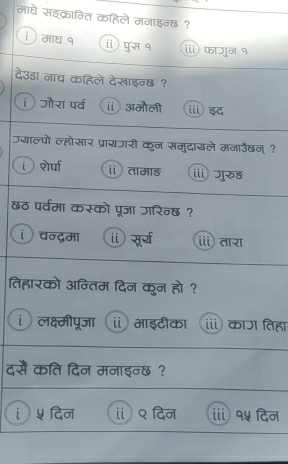 माये सइ्क्रान्ति कहिले मनाइन्छ ?
i माघ १ i पुस १ i) फाजुन १
देउडा नाच कहिले देखाइन्छ ?
i जौरा पर्व ⑴ अभौली ⅲ इद
उयाल्पो ल्होसार प्रायजरी कुन समुदायले मनाउँछन् ?
i शे्पा ⅱ तामाड ⅲ ुरड
छठ पर्वमा कस्को पूजा जरिन्छ ?
i चन्दुमा ⅱ सूर्य i) तारा
तिहारको अन्तिम दिन कुन हो ?
i लक्ष्मीपूजा ⅱ भाइटीका ⅲ काग तिहा
दसैं कति दिन मनाइन्छ ?
i५ दिन ⅱ ९ दिन i १५ दिन