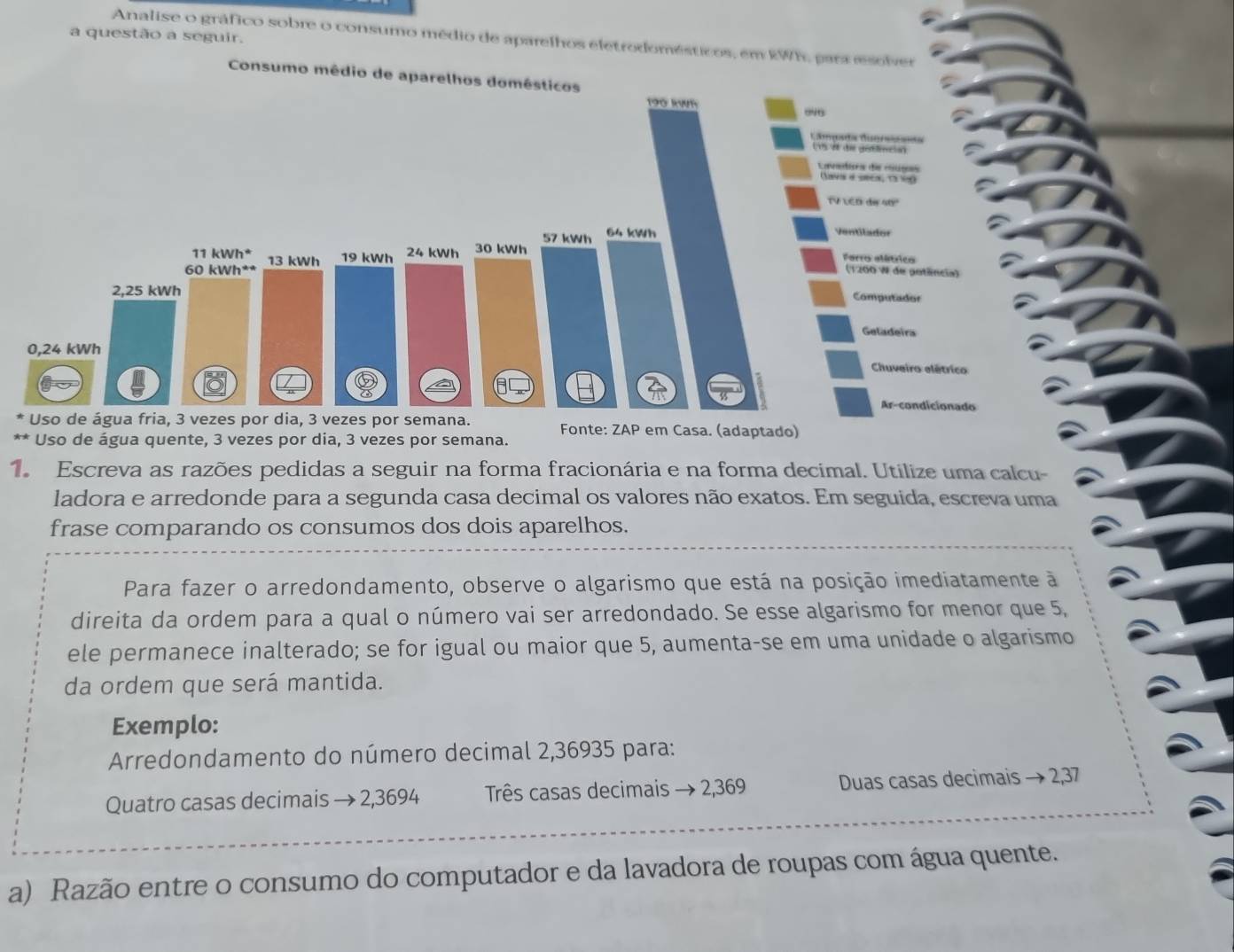 a questão a seguir.
Analise o gráfico sobre o consumo médio de aparelhos eletrodomésticos, em kWh, para resolver
Consumo mêdio de aparelhos domésticos
190 kWh
Campsta Duerassia
1  d de génlción
Cavadiona d ccoas
Cava e stea, na 10
TV LED de 48º
57 kWh 64 kWh
Ventilador
11 kWh* 24 kWh 30 kWh
60 kWh* 13 kWh 19 kWh
Farro alátrico
(1200 W de potência)
2,25 kWh Computador
Geladeira
0,24 kWh
Chuveiro elétrico
Ar-condicionado
Uso de água fria, 3 vezes por dia, 3 vezes por semana. Fonte: ZAP em Casa. (adaptado)
Uso de água quente, 3 vezes por dia, 3 vezes por semana.
1. Escreva as razões pedidas a seguir na forma fracionária e na forma decimal. Utilize uma calcu-
ladora e arredonde para a segunda casa decimal os valores não exatos. Em seguida, escreva uma
frase comparando os consumos dos dois aparelhos.
Para fazer o arredondamento, observe o algarismo que está na posição imediatamente à
direita da ordem para a qual o número vai ser arredondado. Se esse algarismo for menor que 5,
ele permanece inalterado; se for igual ou maior que 5, aumenta-se em uma unidade o algarismo
da ordem que será mantida.
Exemplo:
Arredondamento do número decimal 2,36935 para:
Quatro casas decimais → 2,3694 Três casas decimais → 2,369 Duas casas decimais → 2,37
a) Razão entre o consumo do computador e da lavadora de roupas com água quente.