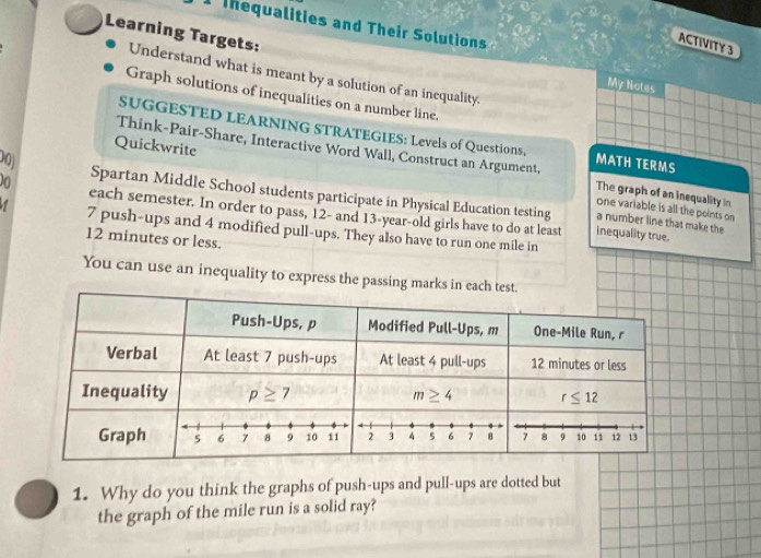 Ihequalities and Their Solutions
Learning Targets:
ACTIVITY 3
Understand what is meant by a solution of an inequality.
My Notes
Graph solutions of inequalities on a number line,
SUGGESTED LEARNING STRATEGIES: Levels of Questions, MATH TERMS
Quickwrite
Think-Pair-Share, Interactive Word Wall, Construct an Argument, The graph of an inequality in
0 Spartan Middle School students participate in Physical Education testing
Do each semester. In order to pass, 12- and 13-year-old girls have to do at least
one variable is all the points on
a number line that make the
7 push-ups and 4 modified pull-ups. They also have to run one mile in
inequality true.
12 minutes or less.
You can use an inequality to express the passing marks in each te
1. Why do you think the graphs of push-ups and pull-ups are dotted but
the graph of the mile run is a solid ray?