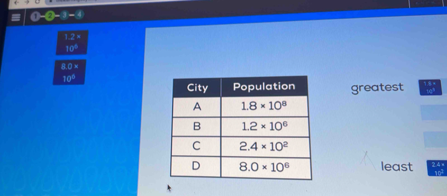 0-(2-3-4)
1.2*
10^6
8.0*
10°
greatest 1.8×
108
least 2.4 ×
10°