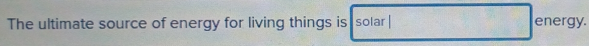 The ultimate source of energy for living things is solar energy.