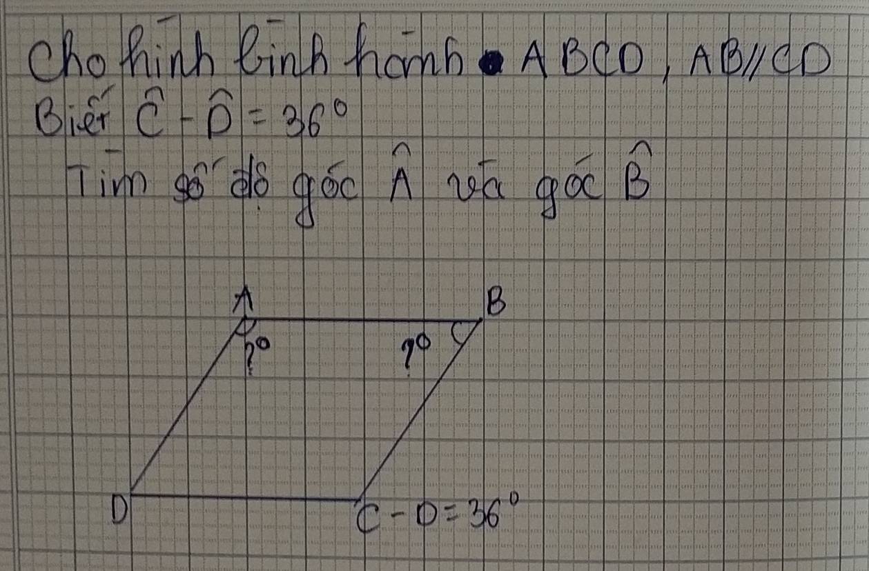 chohinh Bing hams. AB do ,ABparallel CD
Bier widehat C-widehat D=36°
im gà dǒ góo n uá gá B