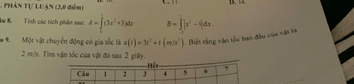 PHẢN Tự LUẠN (3,0 điểm) C. 1. D. 14
âu 8. Tính các tích phân sau: A=∈tlimits _0^(1(3x^2)+3)dx B=∈tlimits _(-2)^2|x^2-1|dx. 
u 9. Một vật chuyển động có gia tốc là a(t)=3t^2+t(m/s^2). Biết rằng vận tốc ban đầu của vật là
2 m/s. Tìm vận tốc của vật đó sau 2 giây.