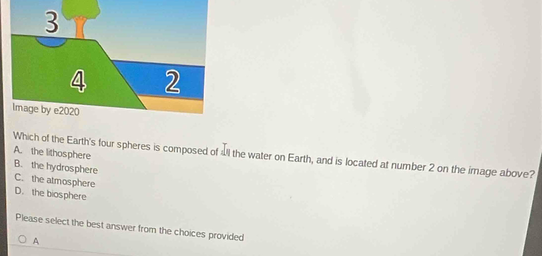 A. the lithosphere Which of the Earth's four spheres is composed of all the water on Earth, and is located at number 2 on the image above?
B. the hydrosphere
C. the atmosphere
D. the biosphere
Please select the best answer from the choices provided
A