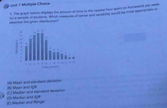 The graph below displays the amount of time to the nearest hour spent on homework per week
for a sample of students. Which measures of center and variability would be most appropriate to
describe the given distribution?
TIME (HOURS)
(A) Mean and standard deviation
(B) Mean and IQR
(C) Median and standard deviation
(D) Median and IQR
(E) Median and Range