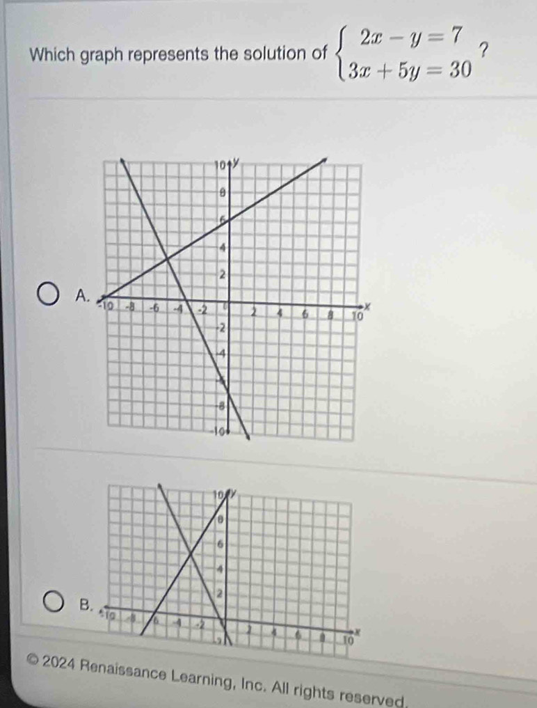 Which graph represents the solution of beginarrayl 2x-y=7 3x+5y=30endarray. ? 
A. 
B 
2024 Renaissance Learning, Inc. All rights reserved.