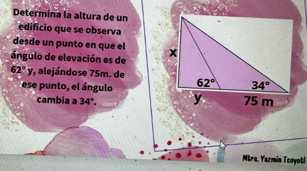 Determina la altura de un
edificio que se observa
desde un punto en que el
ángulo de elevación es de
62°y , alejándose 75m. de
ese  pnto, el ángulo
cambia a 34°.
Mtra. Yazmin Tcoyotl