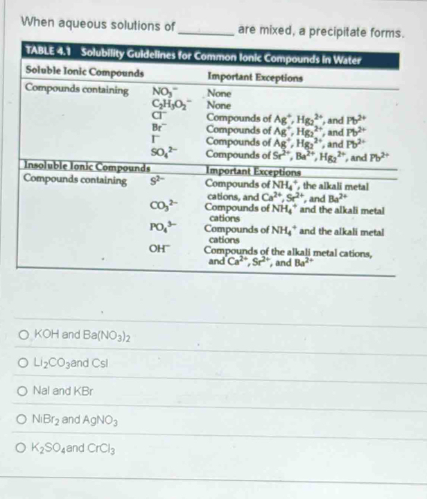 When aqueous solutions of _are mixed, a p
KOH and Ba(NO_3)_2
Li_2CO_3 and C c
Nal and KBr
NiBr_2 and AgNO_3
K_2SO_4 and CrCl_3