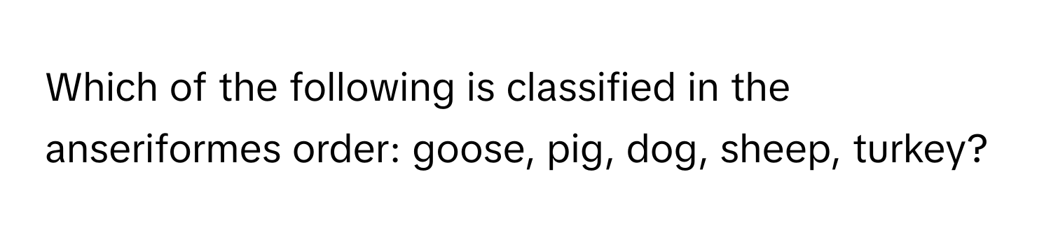 Which of the following is classified in the anseriformes order: goose, pig, dog, sheep, turkey?