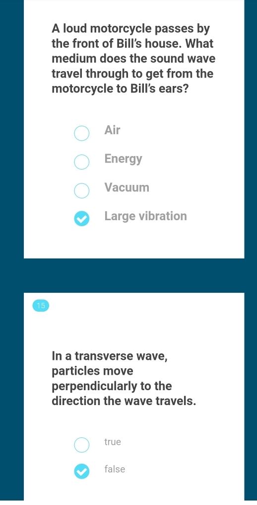 A loud motorcycle passes by
the front of Bill’s house. What
medium does the sound wave
travel through to get from the
motorcycle to Bill's ears?
Air
Energy
Vacuum
Large vibration
15
In a transverse wave,
particles move
perpendicularly to the
direction the wave travels.
true
false