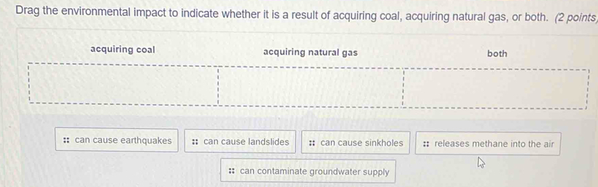 Drag the environmental impact to indicate whether it is a result of acquiring coal, acquiring natural gas, or both. (2 points
acquiring coal acquiring natural gas both
:: can cause earthquakes : can cause landslides : can cause sinkholes :: releases methane into the air
: can contaminate groundwater supply