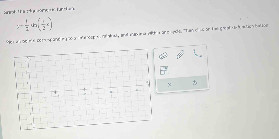 Graph the trigonometric function.
y= 1/2 sin ( 1/2 x)
Plot all points corresponding to x-intercepts, minima, and maxima within one cycle. Then click on the graph-a-function button. 
× U