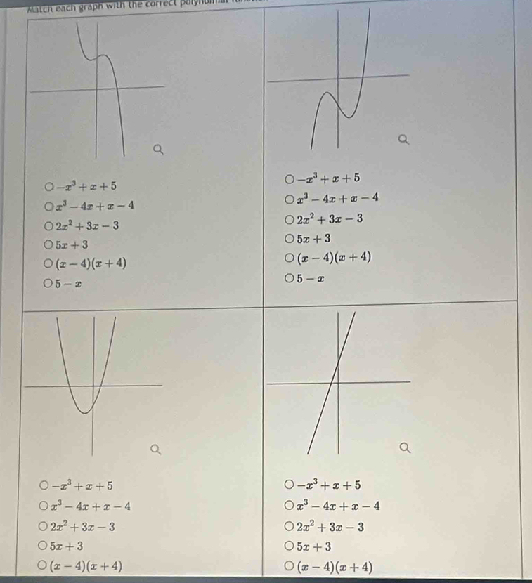 Match each graph with the correct puly n
-x^3+x+5
-x^3+x+5
x^3-4x+x-4
x^3-4x+x-4
2x^2+3x-3
2x^2+3x-3
5x+3
5x+3
(x-4)(x+4)
(x-4)(x+4)
5-x
5-x
-x^3+x+5
-x^3+x+5
x^3-4x+x-4
x^3-4x+x-4
2x^2+3x-3
2x^2+3x-3
5x+3
5x+3
(x-4)(x+4)
(x-4)(x+4)