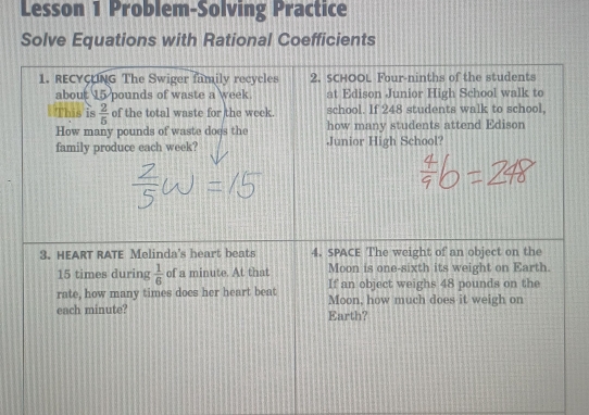 Lesson 1 Problem-Solving Practice
Solve Equations with Rational Coefficients