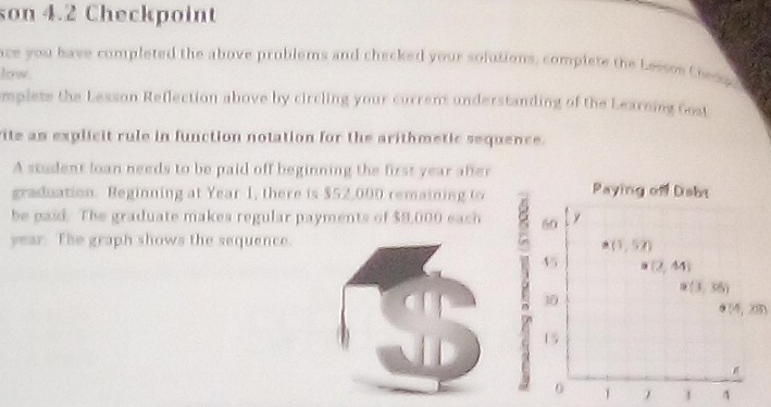 son 4.2 Checkpoint
ace you have completed the above problems and checked your solutions, complete the Lessee Coess
low.
mpleze the Lesson Reflection above by circling your current understanding of the Learning Gost
ite an explicit rule in function notation for the arithmetic sequence.
A student loan needs to be paid off beginning the first year after
graduation. Beginning at Year 1, there is $52,000 remaining to Paying off Dabi
be gaid. The graduate makes regular payments of $8,000 eash 
year. The graph shows the sequence.
(4,overline OR)
1