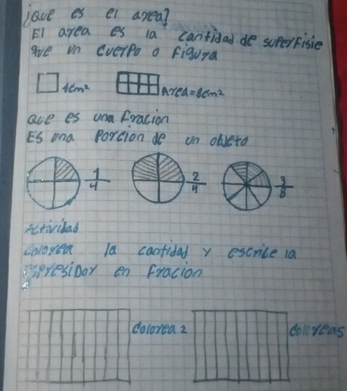 lave es ei area?
EI area es la canfidad de superfisie
gve on everpo o figura
□ 1cm^2 Ar 6a=8cm^2
ae es una fracion
ES ana Porcion do on oleto
 
Actividad
cnloyea la caofidad y escrice 1a
sresioor en fracion
dolorea z coleyeas