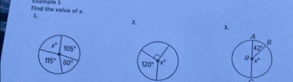 Example 1
Find the value of x.
1.
2.
3、
x° 105°
115° 60°