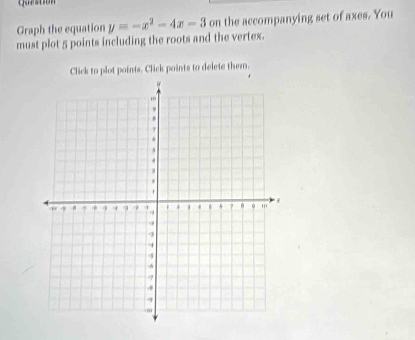 Question 
Graph the equation y=-x^2-4x-3 on the accompanying set of axes. You 
must plot 5 points including the roots and the vertex. 
Click to plot points. Click paints to delete them.