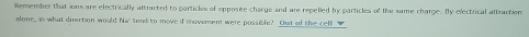 Remember that ions are electrically attracted to particles of opposite charge and are repelled by particles of the same charge. By electrical attraction 
alone, in what direction would Nar tend to move if moverent were possible? Cut of the celf "