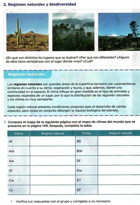 Regiones naturales y biodiversidad 
¿En qué son distintos los lugares que se ilustran? ¿Por qué son diferentes? ¿Alguno 
de ellos tiene semejanzas con el lugar donde vives? ¿Cuál? 
Regiones naturales 
Las regiones naturales son grandes áreas de la superficie terrestre con características 
similares en cuanto a su clima, vegetación y fauna, y que, además, tienen una 
continuidad en el espacio. El clima influye en gran medida en el tipo de animales y 
especies vegetales de un lugar, por lo que la distribución de las regiones naturales 
y los climas es muy semejante. 
Cada región natural presenta condiciones propicias para el desarrollo de ciertas 
especies, pero todas en conjunto albergan la riqueza biológica del planeta. 
1. Compara el mapa de la siguiente página con el mapa de climas del mundo que se 
presenta en la página 149. Después, completa la tabla. 
Verifica tus respuestas con el grupo y corrígelas si es necesario.