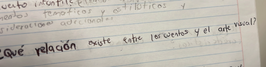 vento insontilee 
ents femaficos y estilisficos y 
sideracigoe adicionalos 
ave relacion existe entre 10swventos yel arte visoal?