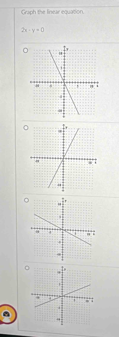 Graph the linear equation.
2x-y=0