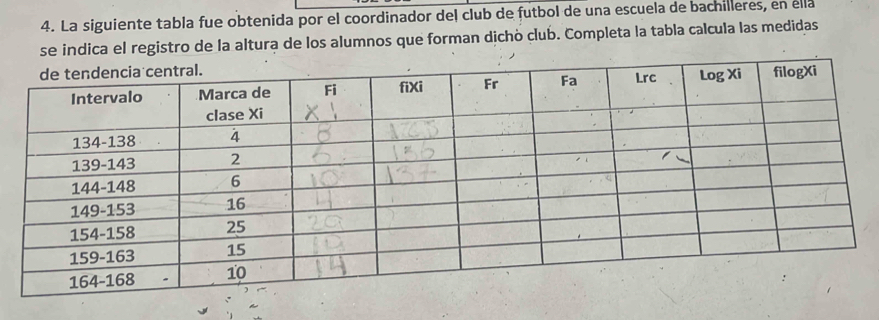 La siguiente tabla fue obtenida por el coordinador del club de futbol de una escuela de bachilleres, en ella 
se indica el registro de la altura de los alumnos que forman dichò club. Completa la tabla calcula las medidas