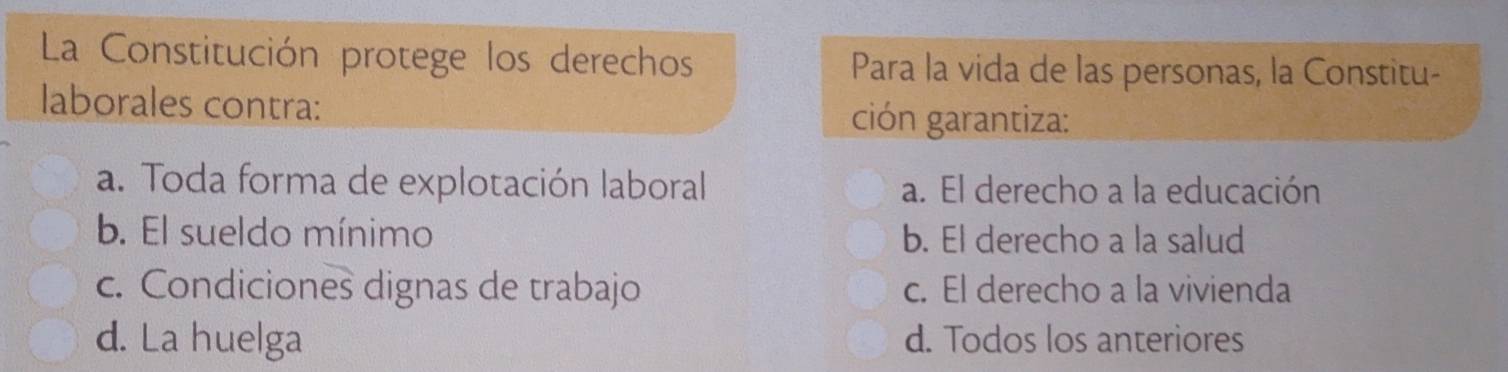 La Constitución protege los derechos Para la vida de las personas, la Constitu-
laborales contra: ción garantiza:
a. Toda forma de explotación laboral a. El derecho a la educación
b. El sueldo mínimo b. El derecho a la salud
c. Condiciones dignas de trabajo c. El derecho a la vivienda
d. La huelga d. Todos los anteriores