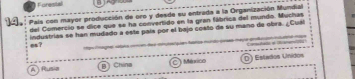 Forestal B
País con mayor producción de oro y desde su entrada a la Organización Mundial
del Comercio se dice que se ha convertido en la gran fábrica del mundo. Muchas
industrías se han mudado a este país por el bajo costo de su mano de obra. ¿Cuál
a
es?
gr maçrs naps com vn dez mingtoquen fazras mundo-parses mayar Consutado e Oamero(zó2
A ) Rusia B ) China C ) México D) Estados Unidos