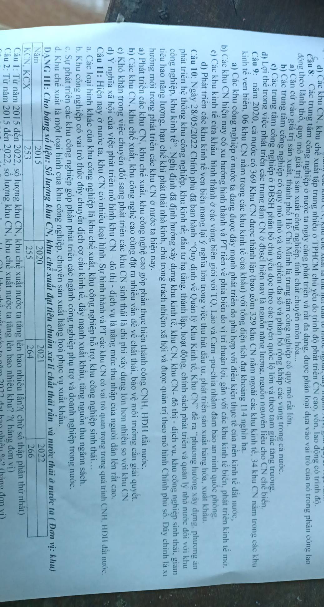 d) Các khu CN, khu chế xuất tập trung nhiều ở TPHCM chủ yếu do trình độ phát triển ČN cao, vốn, lao động có trình độ.
Câu 8: Các trung tâm công nghiệp ở nược ta ngày càng phát triển và rất đa dạng, được phân loại dựa vào vai trò của nó trong phân công lao
động theo lãnh thô, quy mô giá trị sản xuất công nghiệp, tính chất chuyên môn hóa...
a) Căn cứ vào giá trị sản xuất, thành phố Hồ Chí Minh là trung tâm công nghiệp có quy mô rất lớn.
b) Các trung tâm công nghiệp có quy mô nho và vừa chiếm đa số và phần bố rộng khắp các vùng trong cả nước.
c) Các trung tâm công nghiệp ở ĐBSH phân bổ chu yếu dọc theo các tuyến quốc lộ lớn và theo tam giác tăng trương.
d) Lợi thể trong việc phát triển các trung tâm CN ở đbscl hiện nay là nguồn năng lượng, nguồn nguyên liêu cho CN chế biên.
Câu 9: năm 2020, cả nước có 369 Khu CN được thành lập (bao gồm 329 khu CN năm ngoài các khu kinh tế, 34 khu CN năm trong các khu
kinh tế ven biển, 06 khu CN nằm trong các khu kinh tế cửa khẩu) với tổng diện tích đạt khoảng 114 nghìn ha.
a) Các khu công nghiệp ở nước ta đang được đầy mạnh phát triển do phù hợp với điều kiện thực tế của nền kinh tế đất nước,
b) Các khu CN hiện nay có xu hướng hình thành và PT tiễn về phía biên do vị trí thuận lợi, gắn với các khu kinh tế biên, phát triên kinh tế mơ.
c) Các khu kinh tế cửa khâu hình thành ở các vùng biên giới với TQ, Lào và Cam -pu-chia nhằm đam bao an ninh quốc phòng.
d) Phát triển các khu kinh tế ven biển mang lại ý nghĩa lớn trong việc thu hút đầu tự, phát triển sản xuất hàng hóa, xuất khâu.
Câu 10: Ngày 28/05/2022 Chính phủ đã ban hành “Quy định về Quản lý Khu Kinh tế, Khu CN” đề ra “phương hướng xây dựng. phương án
phát triển hệ thống khu công nghiệp, khu kinh tế; đầu tư hạ tầng, thành lập, hoạt động, chính sách phát triển và quản lý nhà nước đổi với khu
công nghiệp, khu kinh tế”. Nghị định đã định hướng xây dựng khu kinh tể, khu CN, khu CN- đô thị - dịch vụ, khu công nghiệp sinh thái, giam
tiêu hao năng lượng, hạn chế khí phát thải nhà kính, chú trọng trách nhiệm xã hội và được quản trị theo mô hình Chính phủ số. Đây chính là xu
hướng mới trong phát triển các khu CN ở nước ta hiện nay.
a) Phát triển các khu CN, khu chế xuất, khu công nghệ cao góp phần thực hiện thành công CNH, HĐH đất nước.
b) Các khu CN, khu chế xuất, khu công nghệ cao cũng đặt ra nhiều vấn đề về chất thái, bảo vệ môi trường cần giải quyết.
c) Khó khăn trong việc chuyền đồi sang phát triển các khu CN sinh thái là chi phí xây dựng lớn hơn nhiều so với khu CN
d) Ý nghĩa xã hội của việc phát triển mô hình khu CN - đô thị - dịch vụ là nâng mức thu nhập của người dân lên rất cao.
Câu 11: Hiện nay ở nước ta, khu CN có nhiều loại hình. Sự hình thành và PT các khu CN có vai trò quan trọng trong quá trình CNH. HĐH đất nước.
a. Các loại hình khác của khu công nghiệp là khu chế xuất, khu công nghiệp hỗ trợ, khu công nghiệp sinh thái...
b. Khu công nghiệp có vai trò thúc đầy chuyển dịch cơ cấu kinh tế, đầy mạnh xuất khâu, tăng nguồn thu ngânn sách.
c. Sự phát triển các khu công nghiệp góp phần phát triển các ngành công nghiệp phụ trợ và doanh nghiệp trong nước.
d. Khu chế xuất là một loại hình của khu công nghiệp, chuyên sản xuất hàng hoá phục vụ xuất khâu.
DANG III: Cho băng số liệu: Số lượng khu CN, khu chể xuất đạt tiêu chuẩn xử lí chất thải rắn và nước thải ở nước ta ( Đơn vị: khu)
Năm 2015 2020 2021 2022
KCN, KCX 253 255 264 266
Câu 1: Từ năm 2015 đến 2022, số lượng khu CN, khu chệ xuật nước ta tăng lên bao nhiêu lần?( chữ số thập phân thứ nhật)
Câu 2: Từ năm 2015 đến 2022, số lượng khu CN, khu chế xuất nước ta tăng lên bao nhiêu khu? ?( hàng đơn vị)
năm 2022 đạt bao nhiệu %2 (hàng đơn vi)