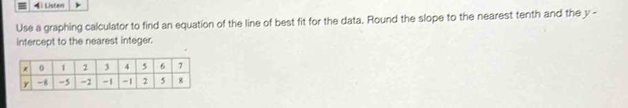 Listen 
Use a graphing calculator to find an equation of the line of best fit for the data. Round the slope to the nearest tenth and the y - 
intercept to the nearest integer.