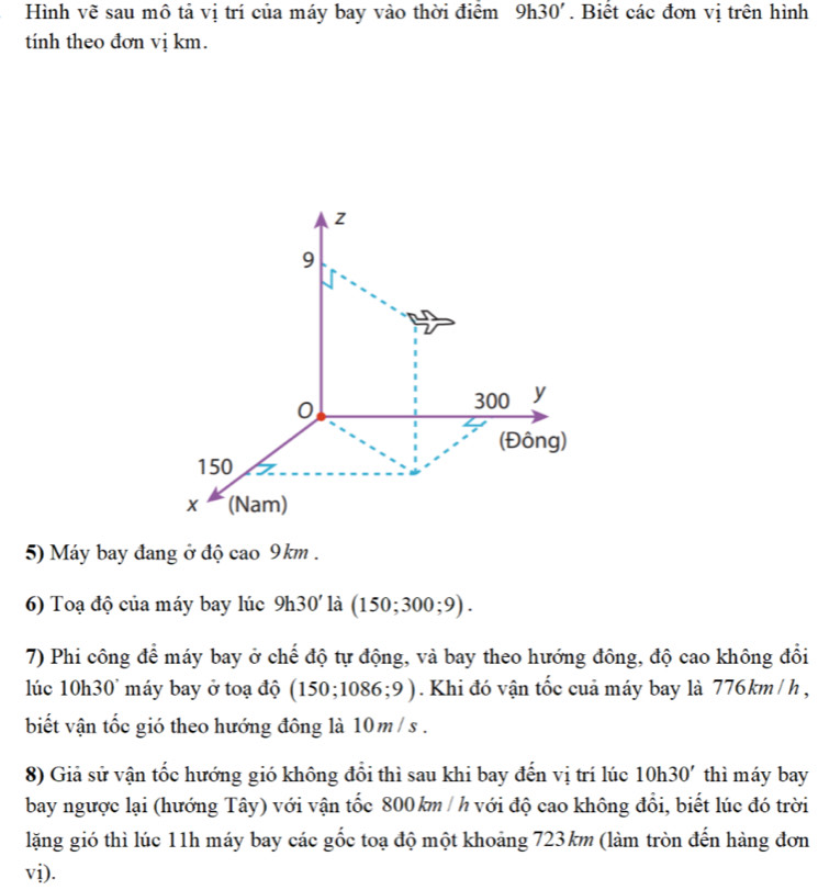 Hình vẽ sau mô tả vị trí của máy bay vào thời điểm 9h30' * Biết các đơn vị trên hình 
tính theo đơn vị km. 
5) Máy bay đang ở độ cao 9km. 
6) Toạ độ của máy bay lúc 9h30' là (150; 300; 9). 
7) Phi công để máy bay ở chế độ tự động, và bay theo hướng đông, độ cao không đổi 
lúc 10h30° máy bay ở toạ độ (150; 1086;9 ). Khi đó vận tốc cuả máy bay là 776km /h , 
biết vận tốc gió theo hướng đông là 10m / s. 
8) Giả sử vận tốc hướng gió không đổi thì sau khi bay đến vị trí lúc 10h 30' thì máy bay 
bay ngược lại (hướng Tây) với vận tốc 800km / h với độ cao không đổi, biết lúc đó trời 
lặng gió thì lúc 11h máy bay các gốc toạ độ một khoảng 723km (làm tròn đến hàng đơn 
vị).