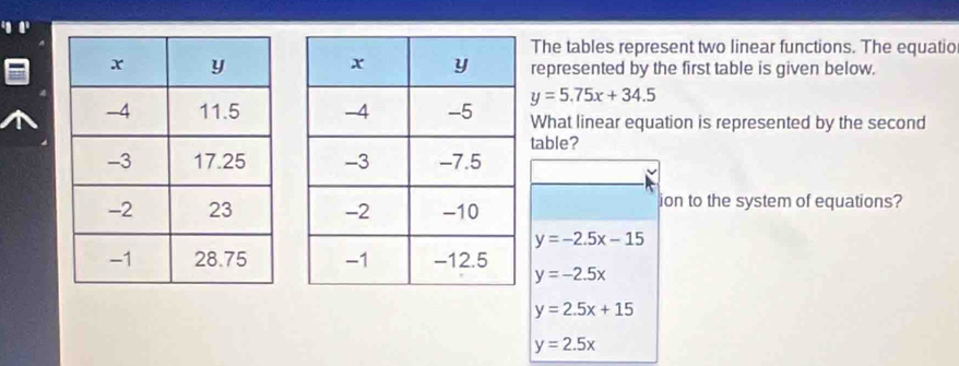 '0 4'
The tables represent two linear functions. The equatio
represented by the first table is given below.
y=5.75x+34.5
What linear equation is represented by the second
table?

ion to the system of equations?
y=-2.5x-15
y=-2.5x
y=2.5x+15
y=2.5x