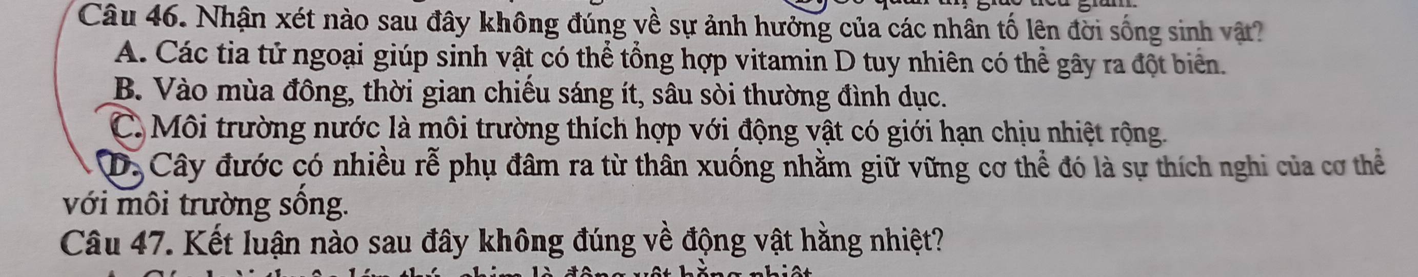 Nhận xét nào sau đây không đúng về sự ảnh hưởng của các nhân tố lên đời sống sinh vật?
A. Các tia tử ngoại giúp sinh vật có thể tổng hợp vitamin D tuy nhiên có thể gây ra đột biển.
B. Vào mùa đông, thời gian chiếu sáng ít, sâu sòi thường đình dục.
C. Môi trường nước là môi trường thích hợp với động vật có giới hạn chịu nhiệt rộng.
D. Cây đước có nhiều rễ phụ đâm ra từ thân xuống nhằm giữ vững cơ thể đó là sự thích nghi của cơ thể
với môi trường sông.
Câu 47. Kết luận nào sau đây không đúng về động vật hằng nhiệt?