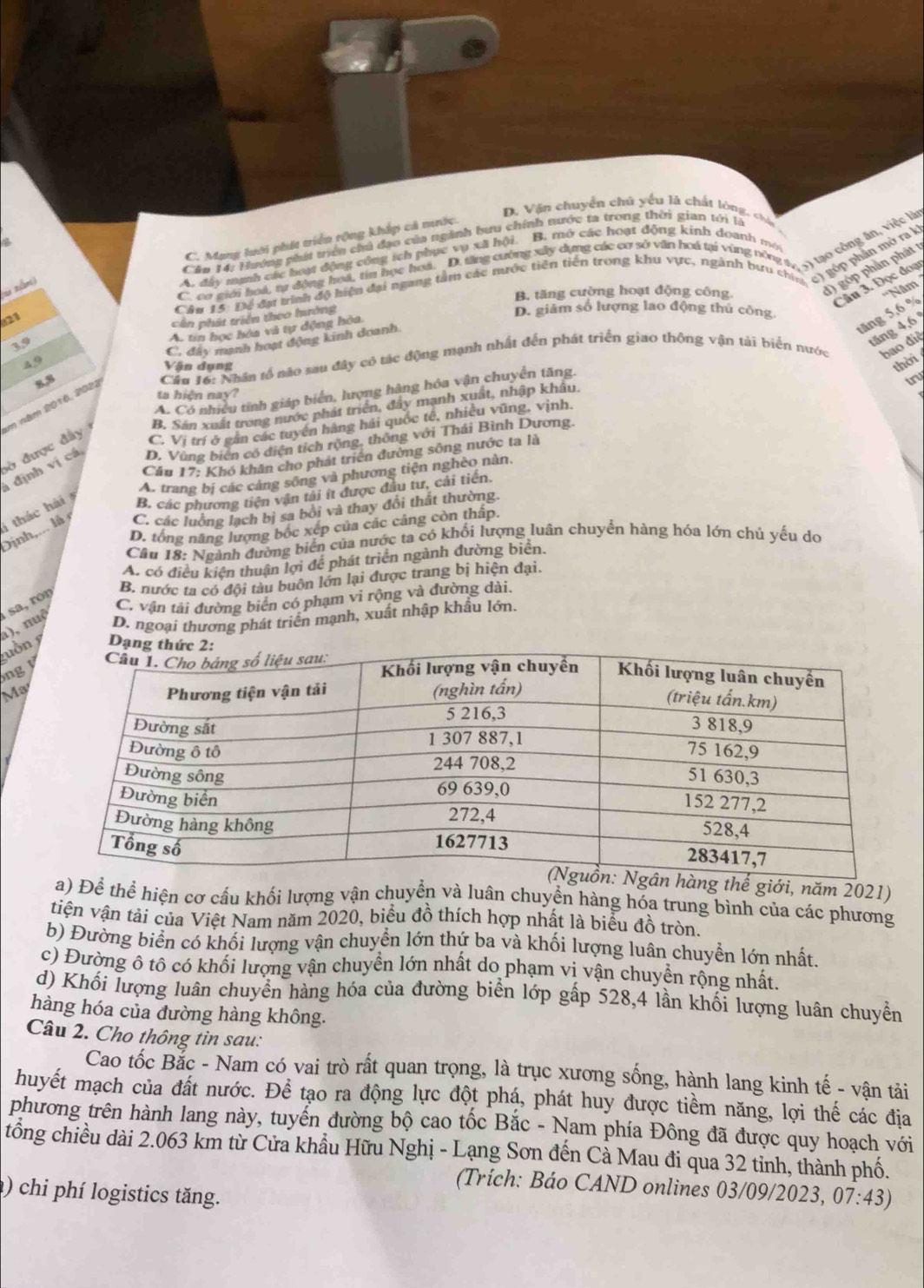 D. Vận chuyển chủ yếu là chất lóng, chúc
C. Mạng hưới phít triển rộng khắp cả mước.
a
Cân 14: Hướng phát tiện chủ đạo của ngành bưu chính nước ta trong thời gian tới là
C. co kim bot to dho ny hach t hbe ine te sne shong no, tee cleed thy vuc, hg anh bi do 5 to shdtta it i
A. đây mạnh các hoạt động công ích phục vụ xã hội. B. mở các hoạt động kinh doanh một
1) góp phân phát 1
21 Câu 15: Để đại trình độ hiện đại ngang tâm các nước tiên tiến trong khu vực, ngành bưu chi  ci góp tn mô n i
Câu 3. Đọc đoạ
s zân)
B. tăng cường hoạt động công. ''Năm
19 cần phát triển theo hưởng
D. giảm số lượng lao động thủ công,
A. tin học hóa và tự động hòa.
tăng 5,6 %
tăng 4,6 
C. đây mạnh hoạt động kinh doanh
Cău 16: Nhân tổ não sau đây có tác động mạnh nhất đến phát triển giao thông vận tải biển nước bao điệ
49
Vận dụng thời
A. Có nhiều tính giáp biển, lượng hàng hóa vận chuyển tăng.
m năm 2016, 2022 8.5
tru
ta hiện nay?
B. Sán xuất trong nước phát triển, đây mạnh xuất, nhập khâu.
ờ được đây
C. Vị trí ở gần các tuyển hàng hải quốc tế, nhiều vũng, vịnh.
à định vị cá D, Vùng biên có điện tích rộng, thông với Thái Bình Dương.
Cầu 17: Khó khân cho phát triển đường sông nước ta là
A. trang bị các cáng sông và phương tiện nghèo nàn.
Dịnh,... là 1 thác hài  9
B. các phương tiện vận tải ít được đầu tư, cải tiến
C. các luồng lạch bị sa bổi và thay đổi thất thường.
D. tổng năng lượng bốc xếp của các cảng còn thấp.
Câu 18: Ngành đường biển của nước ta có khối lượng luân chuyển hàng hóa lớn chú yếu do
A. có điều kiện thuận lợi để phát triển ngành đường biển
B. nước ta có đội tàu buôn lớn lại được trang bị hiện đại.
C. vận tải đường biển có phạm vi rộng và đường dài.
D. ngoại thương phát triển mạnh, xuất nhập khẩu lớn.
guồn a), nuộ  sa, ron
ng 
Mỹ
thế giới, năm 2021)
a) Để thể hiện cơ cầu khối lượng vận chuyển và luân chuyển hàng hóa trung bình của các phương
tiện vận tài của Việt Nam năm 2020, biểu đồ thích hợp nhất là biểu đồ tròn.
b) Đường biển có khối lượng vận chuyển lớn thứ ba và khối lượng luân chuyển lớn nhất.
c) Đường ô tô có khối lượng vận chuyển lớn nhất do phạm vi vận chuyền rộng nhất.
d) Khối lượng luân chuyên hàng hóa của đường biển lớp gấp 528,4 lần khối lượng luân chuyển
hàng hóa của đường hàng không.
Câu 2. Cho thông tin sau:
Cao tốc Bắc - Nam có vai trò rất quan trọng, là trục xương sống, hành lang kinh tế - vận tải
huyết mạch của đất nước. Để tạo ra động lực đột phá, phát huy được tiềm năng, lợi thế các địa
phương trên hành lang này, tuyển đường bộ cao tốc Bắc - Nam phía Đông đã được quy hoạch với
tổng chiều dài 2.063 km từ Cửa khẩu Hữu Nghị - Lạng Sơn đến Cà Mau đi qua 32 tỉnh, thành phố.
(Trích: Báo CAND onlines 03/09/2023,
) chi phí logistics tăng. 07:43)