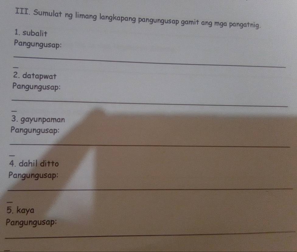 Solved: Sumulat ng limang langkapang pangungusap gamit ang mga ...