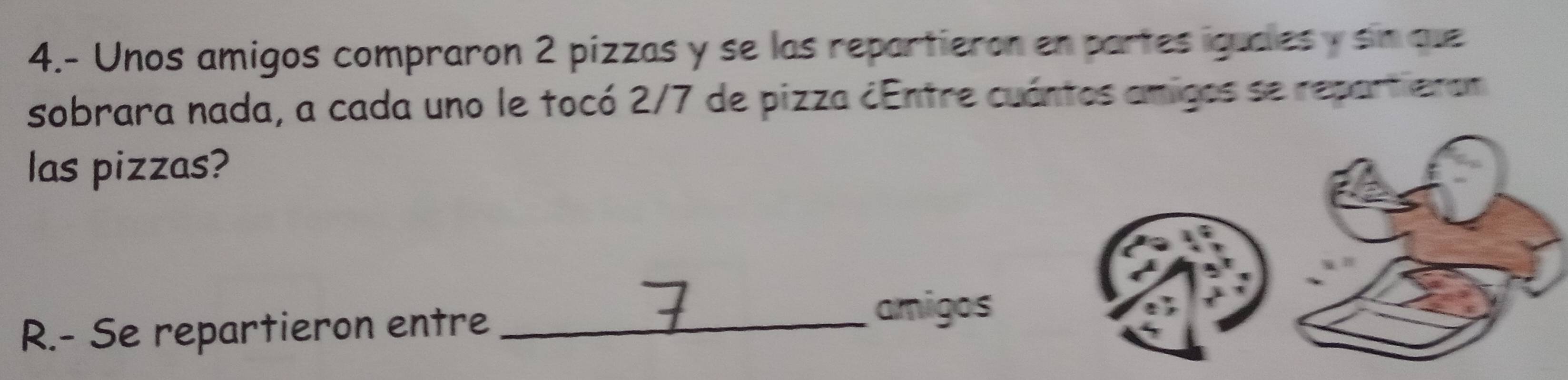 4.- Unos amigos compraron 2 pizzas y se las repartieron en partes iguales y sin que 
sobrara nada, a cada uno le tocó 2/7 de pizza ¿Entre cuántos amigos se repartierr 
las pizzas? 
R.- Se repartieron entre_ 
amigos