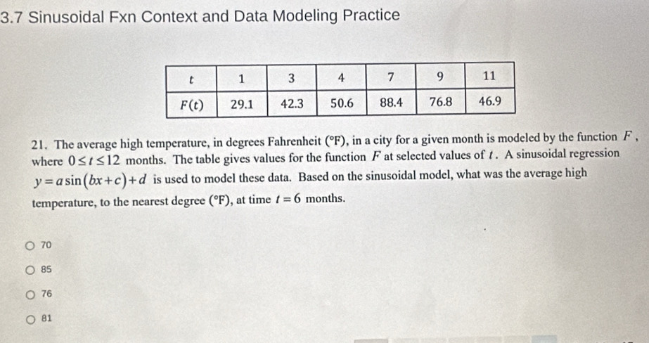 Solved: 3.7 Sinusoidal Fxn Context and Data Modeling Practice 21. The ...
