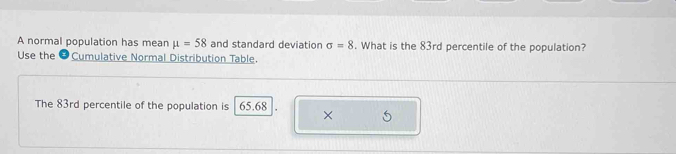 A normal population has mean mu =58 and standard deviation sigma =8. What is the 83rd percentile of the population? 
Use the *Cumulative Normal Distribution Table. 
The 83rd percentile of the population is 65.68 ×